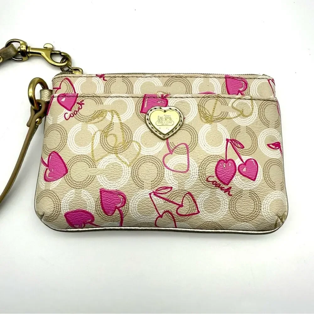 Coach Waverly Cherry Heart Signature Wristlet Khaki Pink 49240 BKHPK